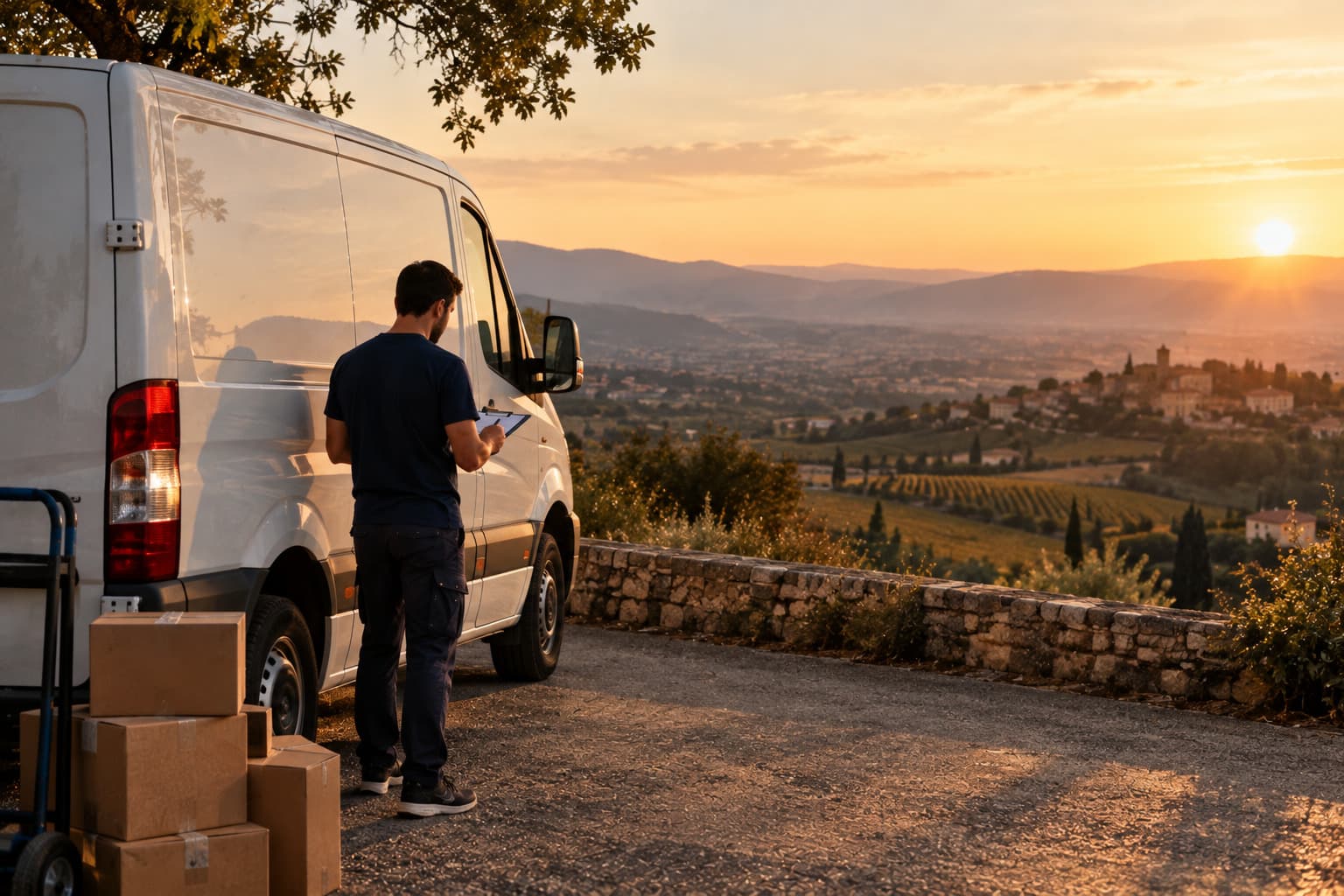 Un chauffeur vérifie sa liste de livraison à côté de son utilitaire, face aux collines et vignobles du Var au coucher du soleil