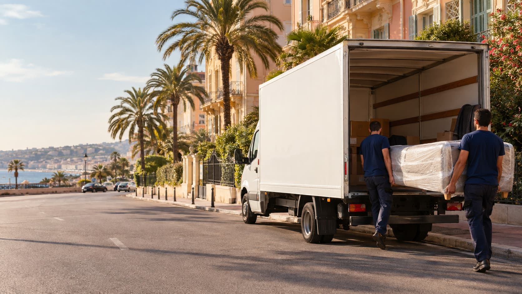 Deux déménageurs chargent un canapé emballé dans un camion utilitaire blanc, dans une rue bordée de palmiers face à la mer à Nice