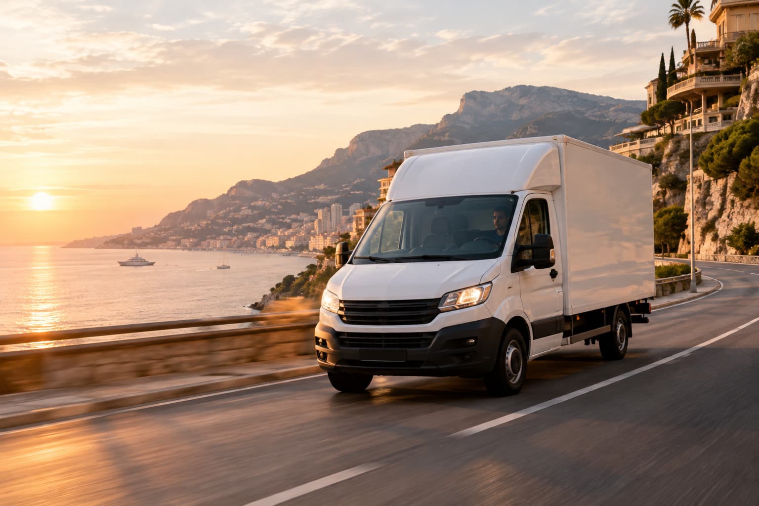 Camion utilitaire blanc roulant sur la route du bord de mer près de Monaco au lever du soleil