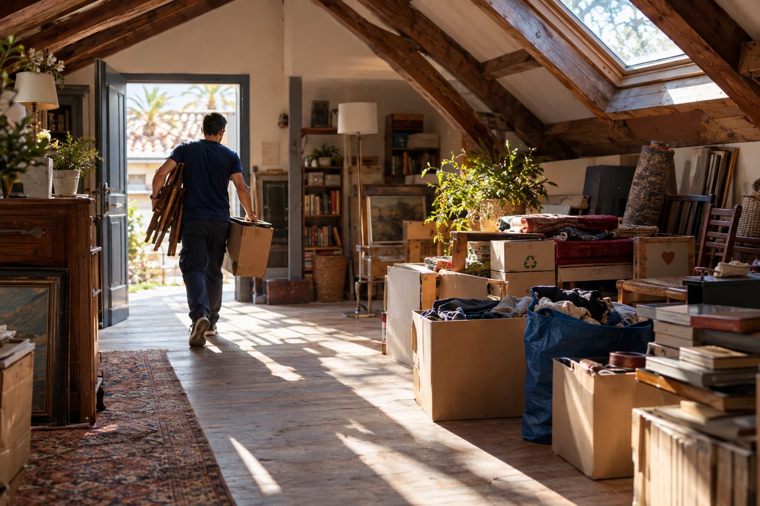 Débarras d'un grenier lumineux : un intervenant emporte des chaises et un carton, objets triés en piles