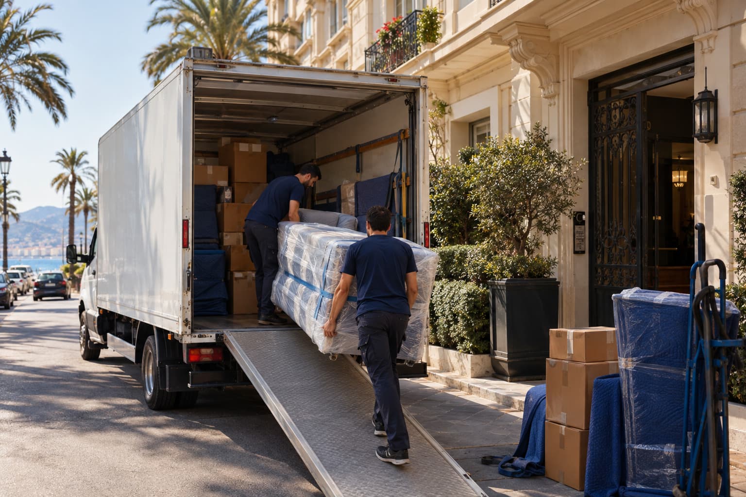 Déménageurs montant un meuble protégé par la rampe d'un camion utilitaire, devant l'entrée d'un immeuble cannois